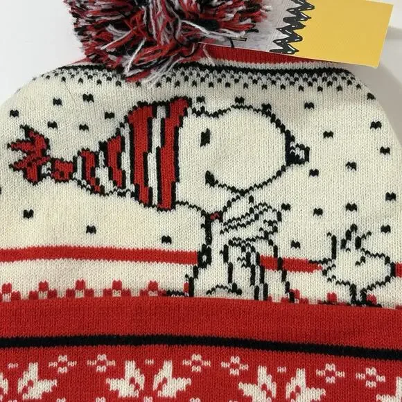 Snoopy Peanuts Pom Beanie Hat Woodstock One Size Stretch New Red White Sledding - Picture 3 of 9